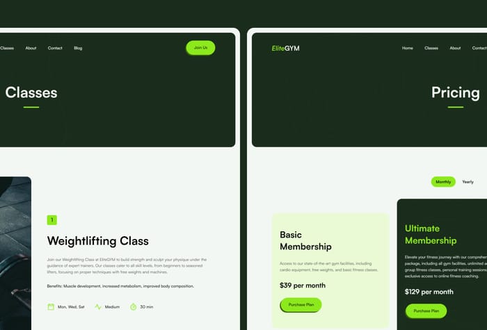 EliteGYM — Gym Center Website - EliteGYM is a modern and customizable template created specifically for Gyms and fitness centers. This template stands out with its sleek design and user-friendly interface. It's perfect for showcasing fitness classes, membership options, and more.