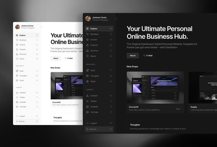 Dashfolio+ — Personal Website - The Original Dashboard-Styled Personal Website Template Dashfolio for Framer just got even better – with Dashfolio+.