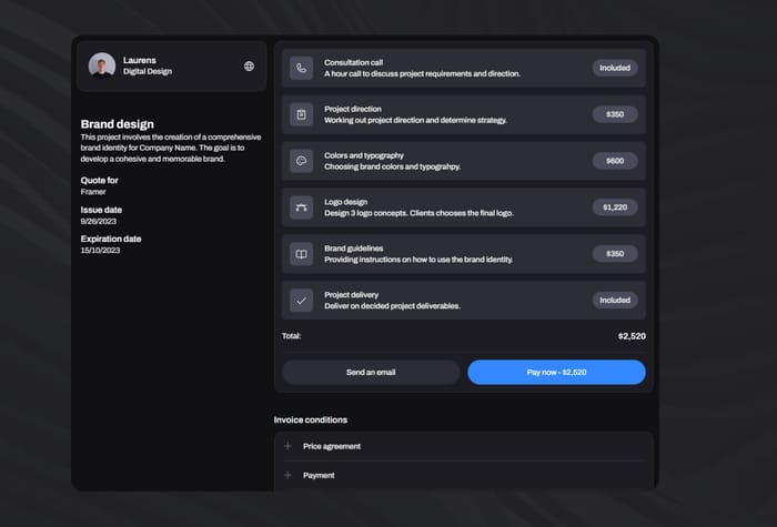 Invoice — Invoice Template - Invoice is a user-friendly Framer template that offers effortless configuration. Set up invoices quickly and send them to your customers via a link. Integrate it with your preferred payment service.