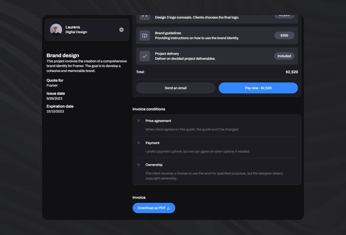 Invoice — Invoice Template - Invoice is a user-friendly Framer template that offers effortless configuration. Set up invoices quickly and send them to your customers via a link. Integrate it with your preferred payment service.