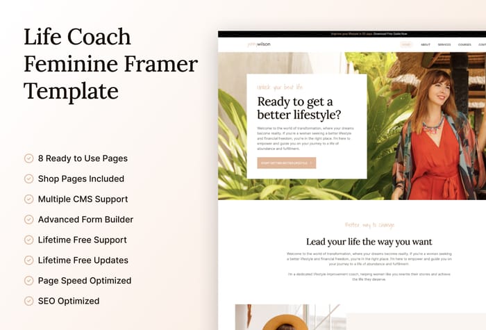 Feminine — Influencers and life coaches template - Introducing 'Feminine,' the ultimate Framer template designed to empower female influencers and life coaches in their digital journeys.