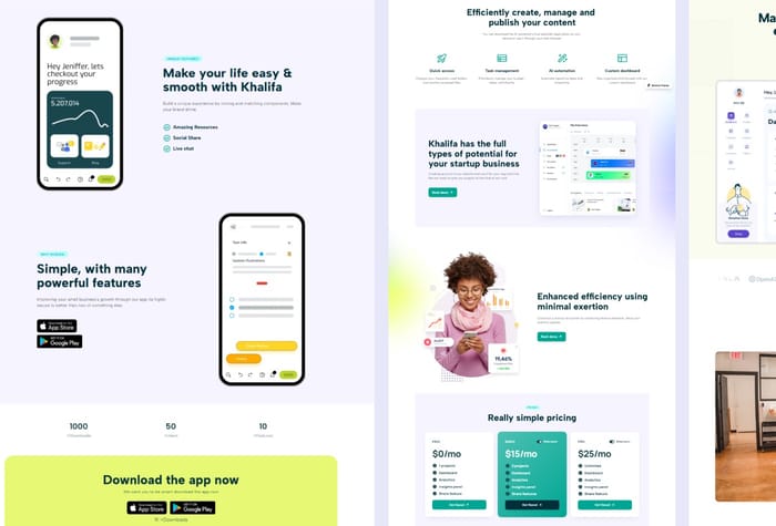 Khalifa — landing Page - Khalifa is a sleek and modern landing page template designed for mobile app owners and SaaS start-ups. The template have multiple different pages and contains multiple components.