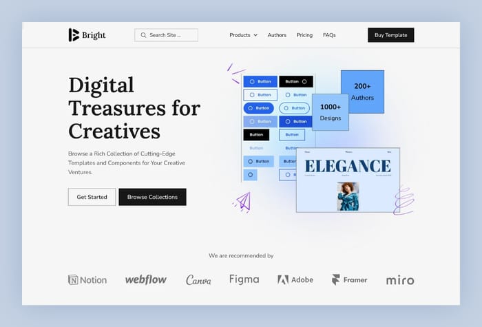 Bright — Ecommerce for digital products - Exquisite Multi-Author Ecommerce Store Framer template tailored for showcasing and selling digital creations from multiple creators. Designed with a focus on seamless user experiences and modern aesthetics, 'Bright' empowers creators to effortlessly present their range of digital products.