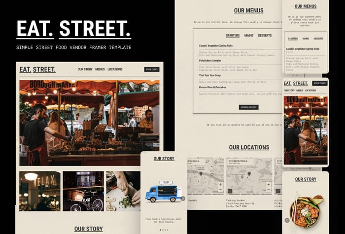 EatStreet — Food Vendor Landing Page - A minimal and stylish landing page template for a street food vendor, or small restaurant, to launch a new venture. Comes with CMS driven menu listings.