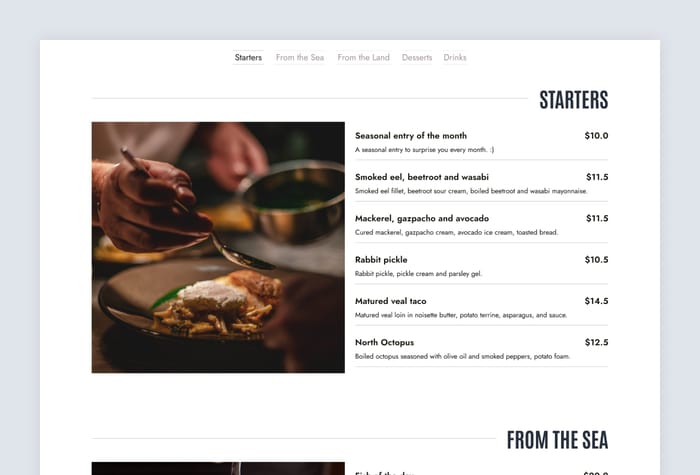 TheElaboré — Modern Restaurant Website - Step into the world of The Elaboré, a restaurant template exuding elegance through its clean and modern design. It's the ideal platform to showcase your restaurant's unique brand and menu items.
