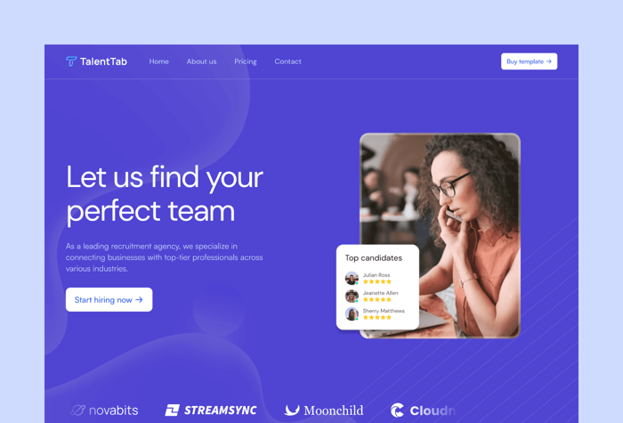 TalentTab — Recruitment Agency website - Are you an external recruitment agency looking to showcase your exceptional services and attract new clients? Look no further! Our Recruitment Agency Framer Template is designed specifically for agencies like yours, offering a seamless and visually stunning solution to promote your recruitment services.