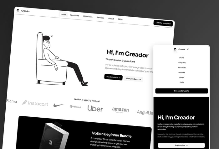 Creador — Notion Creator website - Creador is a website template for Notion Creators. Ready with a CMS for Templates &amp; Resources, it helps you publish, promote and sell your Notion templates in minutes. Offering a selection of flexible layouts, pages and components, simply add your copy, images and integrate it with your Lemon Squeezy or Gumroad store.