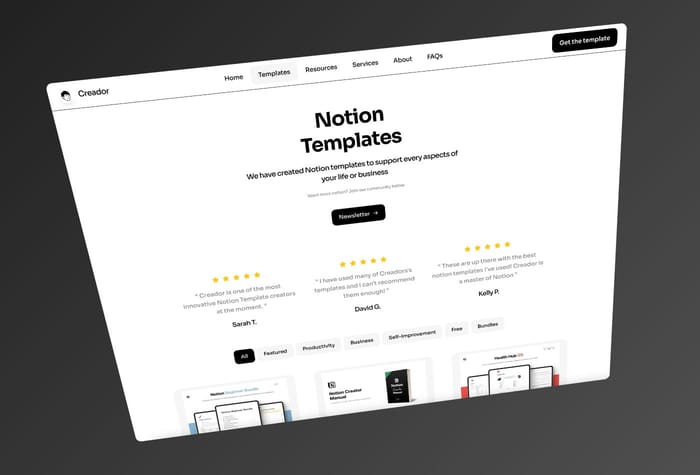 Creador — Notion Creator website - Creador is a website template for Notion Creators. Ready with a CMS for Templates &amp; Resources, it helps you publish, promote and sell your Notion templates in minutes. Offering a selection of flexible layouts, pages and components, simply add your copy, images and integrate it with your Lemon Squeezy or Gumroad store.