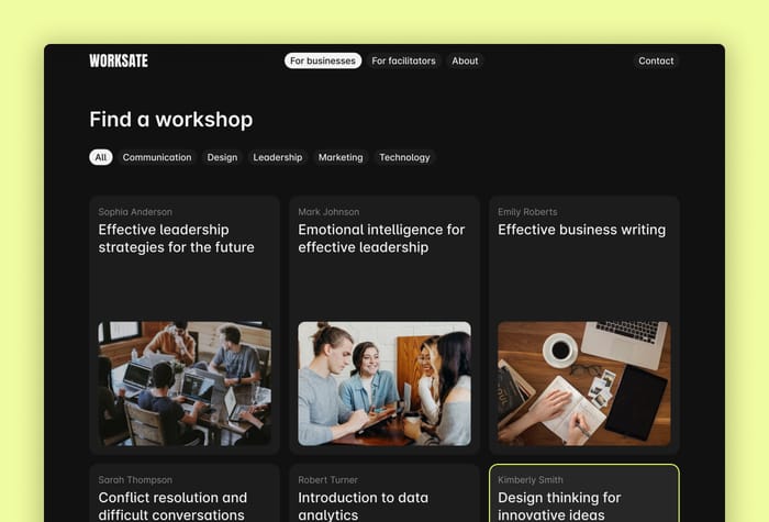 Worksate — Workshops website - Worksate is a Framer template that lets you build a marketplace where people can discover and request workshops from facilitators.