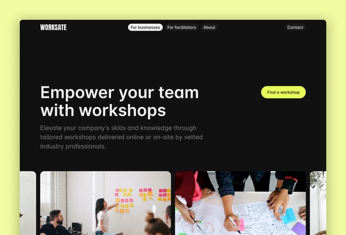 Worksate — Workshops website - Worksate is a Framer template that lets you build a marketplace where people can discover and request workshops from facilitators.