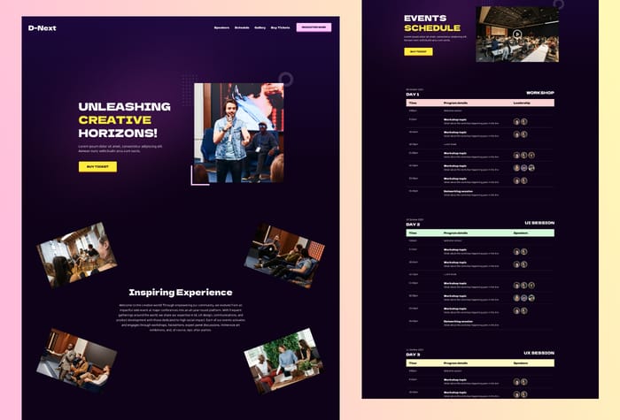 DNext — Event website - D-Next is a cutting-edge Event &amp; Conference Framer Template designed to enhance the planning and execution of professional gatherings. With its sleek and modern design, D-Next provides event organizers with a powerful tool to create immersive and engaging experiences for attendees.

