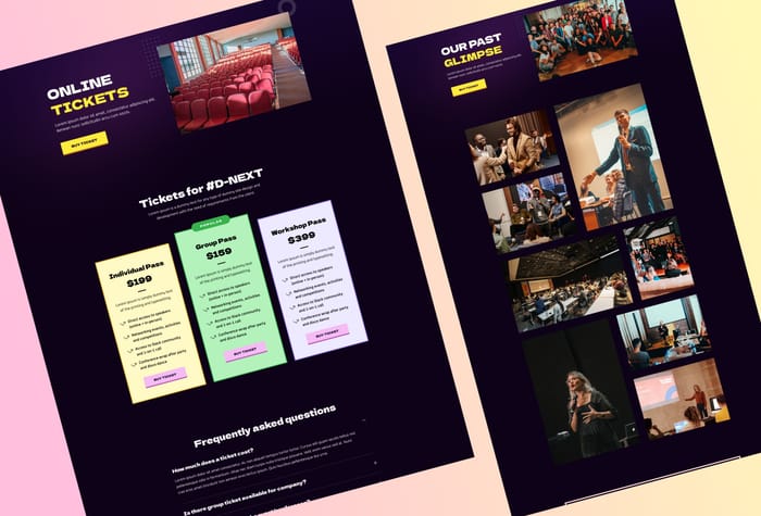 DNext — Event website - D-Next is a cutting-edge Event &amp; Conference Framer Template designed to enhance the planning and execution of professional gatherings. With its sleek and modern design, D-Next provides event organizers with a powerful tool to create immersive and engaging experiences for attendees.

