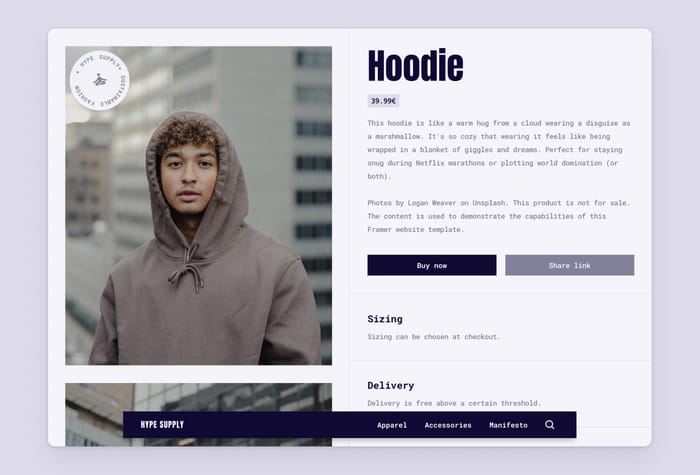 HypeSupply — E-commerce store - Boost your online store with Hype Supply, a Framer template for modern e-commerce, powered by Gumroad. Showcase a wide range of physical and digital goods with its sleek design and captivating grid structure. No matter the product, the design ensures your products shine on the digital runway.