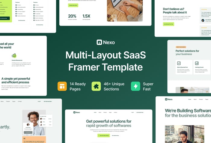 Nexo — SaaS Website Template - Nexo is a high-quality multi-layout Framer template designed for SaaS websites. We understand the need of a modern SaaS website. That's the reason we have crafted 14 unique pages that are necessary for any SaaS website. Now you can launch your website in Framer within a day.