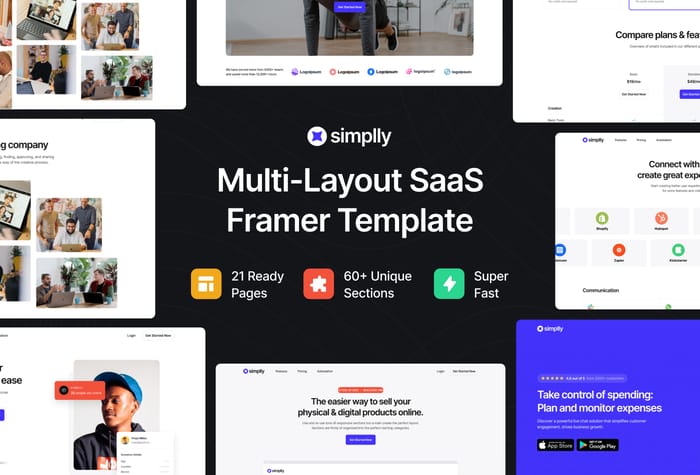 Simplly — SaaS Website Template - Simplly - A multi-layout Framer template is a visually stunning and minimally designed template to meet the needs of software-as-a-service (SaaS) businesses. With it's modern and intuitive user interface, this template enables quick and easy creation of web pages that effectively attract &amp; engage customers and generate revenues.