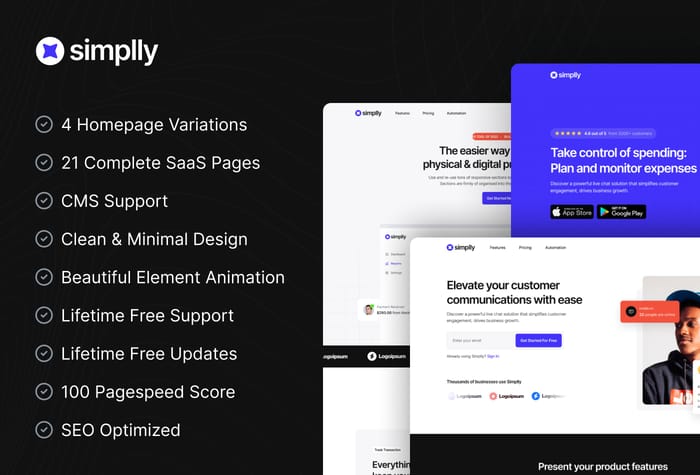 Simplly — SaaS Website Template - Simplly - A multi-layout Framer template is a visually stunning and minimally designed template to meet the needs of software-as-a-service (SaaS) businesses. With it's modern and intuitive user interface, this template enables quick and easy creation of web pages that effectively attract &amp; engage customers and generate revenues.
