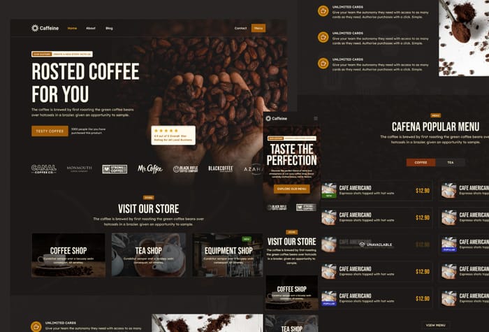 Caffeine — Cofee Shop Website - The template includes a dedicated section to display your menu, allowing customers to explore your wide range of coffee options, from rich and bold espressos to creamy lattes and refreshing cold brews. Each menu item is accompanied by enticing descriptions and captivating images, enticing customers to indulge in their favorite coffee delights.