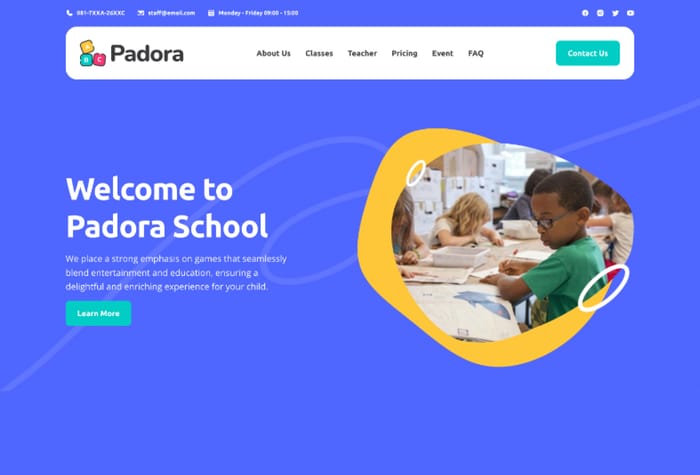 Padora — Education Website Template - • Kindergarten &amp; Child Care Web Template
• Contain 10+ Pages, Include Event Page with CMS
• Playful, responsive and clean design
