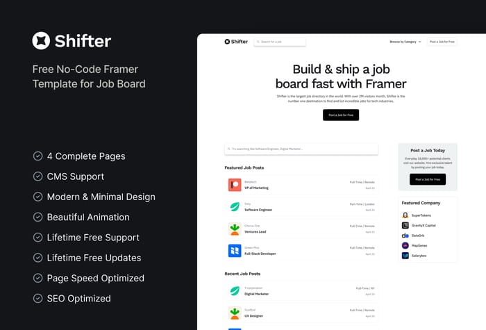 Shifter — Job Board Template - Shifter is a free modern and minimal job directory template designed specifically for Framer. Create an impressive job board website with ease using Shifter, and showcase job listings in a sleek and intuitive interface.