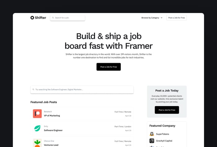 Shifter — Job Board Template - Shifter is a free modern and minimal job directory template designed specifically for Framer. Create an impressive job board website with ease using Shifter, and showcase job listings in a sleek and intuitive interface.