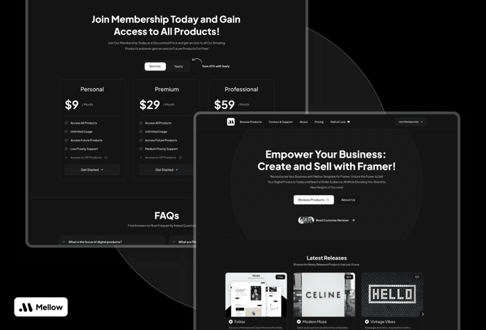 Mellow — Effortlessly Sell Your Digital Products - Turn your creative ideas into profitable digital products with the help of Mellow Template for Framer. This robust template provides limitless customization options via the Framer design tool and seamless integration with the LemonSqueezy Ecommerce Platform, enabling you to launch your digital store quickly. With 9+ Unique Pages, Complete Responsive Design, Stunning Animations, and more, this template is a must-have. Try it out and see how you can easily start selling in no time.