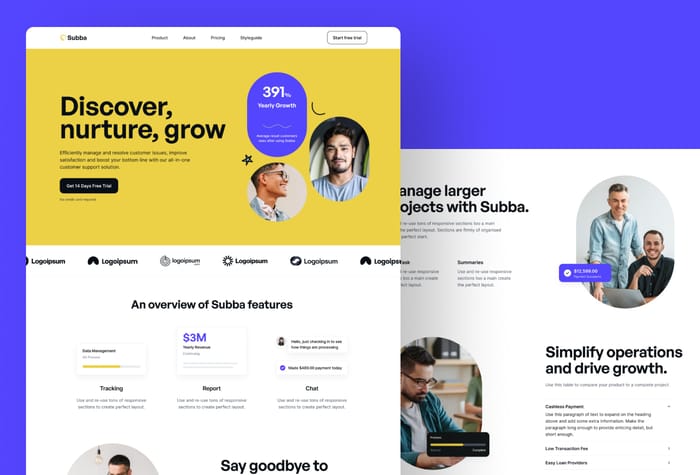 Subba — Professional Website Template - Subba's sleek design and intuitive layout make it ideal for creating professional-looking websites with ease. With customizable sections and easy-to-use controls, Subba offers a great user experience for both creators and visitors. Whether you're building a Startup, SaaS, or regular software website, Subba has all you need to make your website stand out.