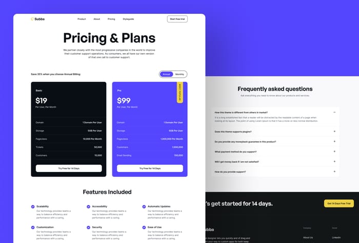 Subba — Professional Website Template - Subba's sleek design and intuitive layout make it ideal for creating professional-looking websites with ease. With customizable sections and easy-to-use controls, Subba offers a great user experience for both creators and visitors. Whether you're building a Startup, SaaS, or regular software website, Subba has all you need to make your website stand out.