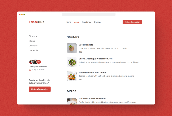 TasteHub —&nbsp;Clean Restaurant Template - This restaurant template has a clean, minimalistic design, and a CMS-driven menu that's easy to update. It's the perfect template for a restaurant that wants to get a professional website up and running quickly and effortlessly.