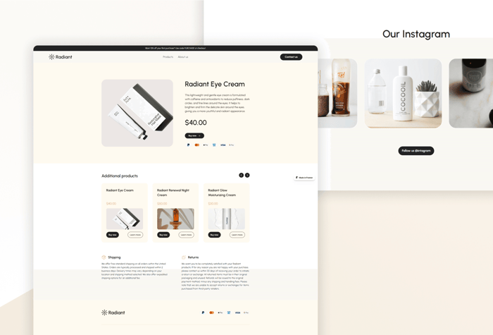 Radiant — Minimal Ecommerce Framer Template - Launch your e-commerce brand and store with ease using Radiant, the sleek and minimal Framer template featuring a powerful CMS to help you manage your products and content effortlessly. With Radiant, you can showcase your brand in style and provide your customers with a seamless shopping experience.