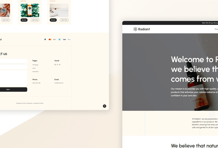 Radiant — Minimal Ecommerce Framer Template - Launch your e-commerce brand and store with ease using Radiant, the sleek and minimal Framer template featuring a powerful CMS to help you manage your products and content effortlessly. With Radiant, you can showcase your brand in style and provide your customers with a seamless shopping experience.