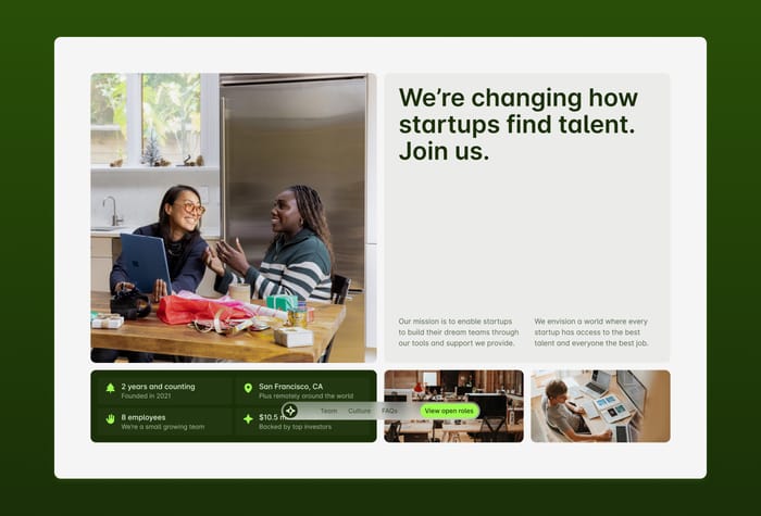 Hirelane — Showcase company culture and job openings - Need a quick and easy way to showcase your company culture and job openings so you can attract top talent? Hirelane is a simple careers page and job board template built on Framer.
