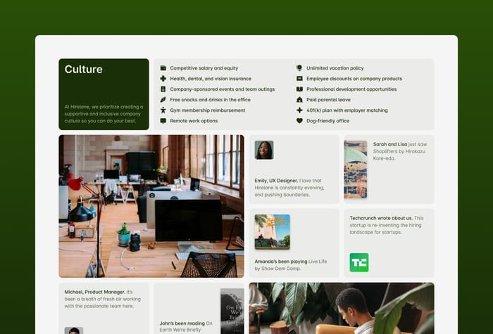 Hirelane — Showcase company culture and job openings - Need a quick and easy way to showcase your company culture and job openings so you can attract top talent? Hirelane is a simple careers page and job board template built on Framer.