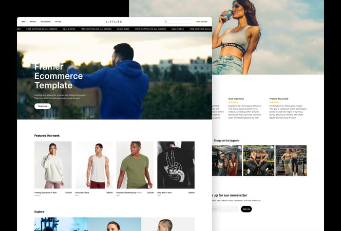 Liftlife — Ecommerce Template - The only Framer E-commerce template to support physical products powered by Gumroad. It includes a similar functionality to that of a Shopify template.

