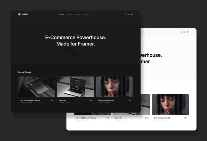 Supply — Sell digital products - Sell digital products directly in Framer powered by Lemon Squeezy with this Framer template. Supply was built with the intention to help designers, creatives and marketers to sell within Framer through a custom eCommerce solution powered by Lemonsqueezy, which offers the best user experience for checkout. It's pixel-perfect layout and minimalist style offers you a very high quality Framer template which will last for a long time. Thanks to the fast hosting, your visitors will experience a fast, seamless and fun shopping experience.
