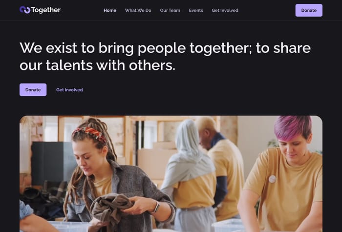 Together — Non-profit community organization website - Build a stunning website for your charity, non-profit, or community organization! Together template covers all the basics Integrate with your donation system or commerce store, and post events or blogs.