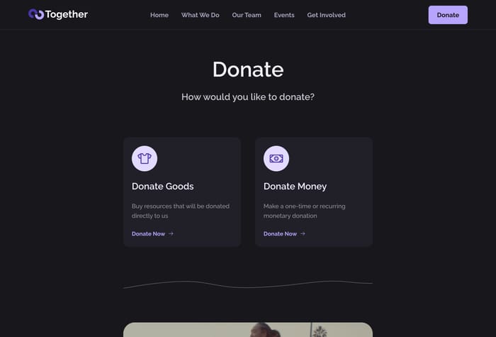 Together — Non-profit community organization website - Build a stunning website for your charity, non-profit, or community organization! Together template covers all the basics Integrate with your donation system or commerce store, and post events or blogs.
