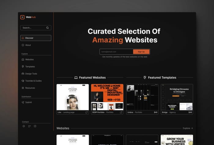 WebHub — Curation Website Template - WebHub is a dynamic curation platform template designed to showcase the best of the web. With its sleek design and intuitive interface, WebHub allows users to easily discover and explore a curated selection of websites and templates.