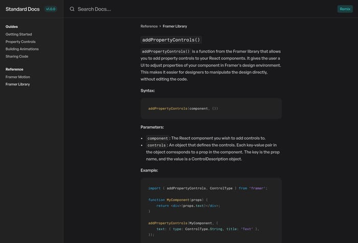 Standard — Documentation Template - The Standard for documentation websites – with everything you need to get started creating your next API docs or any knowledge sharing website. It utilizes the latest Framer features such as Code Blocks, Inline Code, Search, Theming &amp; more.