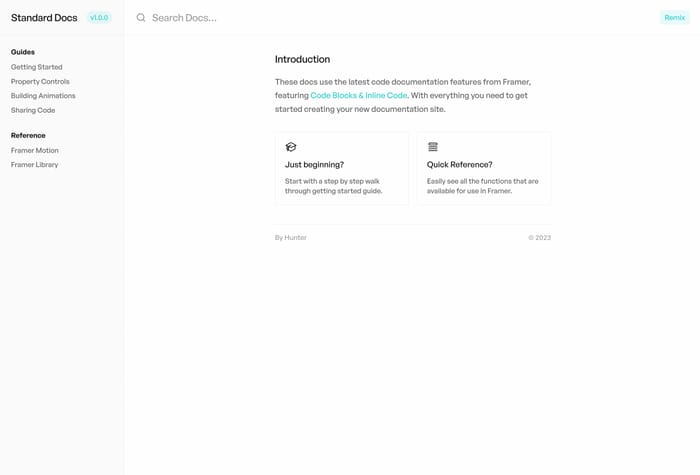 Standard — Documentation Template - The Standard for documentation websites – with everything you need to get started creating your next API docs or any knowledge sharing website. It utilizes the latest Framer features such as Code Blocks, Inline Code, Search, Theming &amp; more.