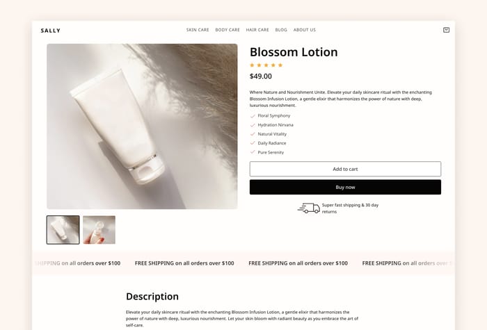 Sally — E-commerce Framer Template - Sally, a Framer template, is the ultimate solution for e-commerce businesses focusing on skincare and body care products. With its elegant design spanning six unique pages, Sally offers an irresistible platform to enhance your brand's online presence.