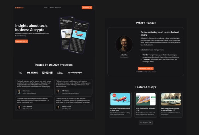 Substackr — Newsletter Website - Substackr is a Framer website template for Substack newsletters. Convert more visitors into subscribers, collect subscriptions straight into your Substack list, and sell digital products to your audience. 