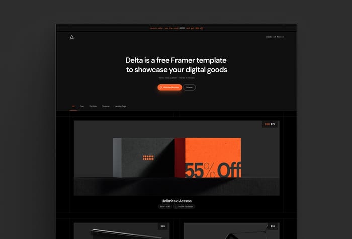 Delta — Creators Template - Delta is a free e-commerce Framer template made for creators and people who distribute digital assets online. It comes with light and dark modes and have built-in and seamless Lemon Squeezy integration.