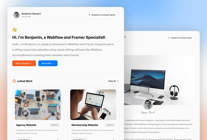SleekFolio — Portfolio &amp; Ecommerce Template - SleekFolio is a stunning Template for Framer that offers a range of impressive features. With 9+ Pages, a Floating Navigation Bar, Stunning Ecommerce Features, and a Sleek &amp; Minimal Design, it's the perfect choice for showcasing and monetizing your creative endeavors. Experience a clean and minimalistic design with SleekFolio. 
