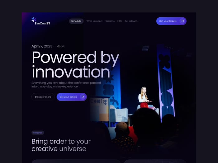 Evoconference — Events website - Evoconference is the one pager template for Entertaining companies aiming at striking their online presence with their events or conferences.