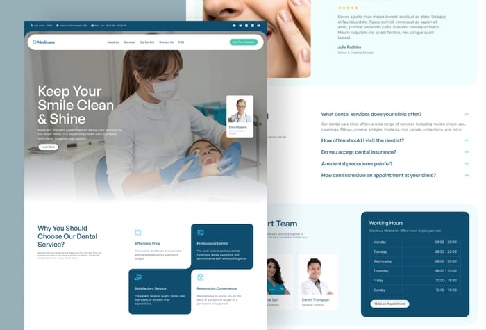 Medicana — Dental Clinic Website - Elevate your dental clinic's online presence with Medicana, the ultimate Framer template designed exclusively for dental professionals. Crafted with precision and innovation, Medicana empowers you to create a stunning website that mirrors the excellence of your dental practice.