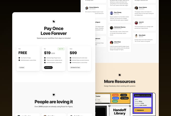 Roast  — Figma Plugin Landing Page - A minimal and modern landing page with playful colors and stellar animations. Perfect for your SaaS or digital product.