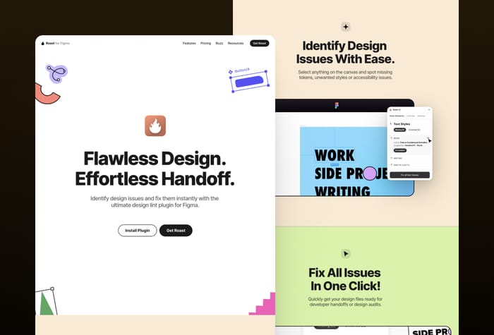 Roast  — Figma Plugin Landing Page - A minimal and modern landing page with playful colors and stellar animations. Perfect for your SaaS or digital product.