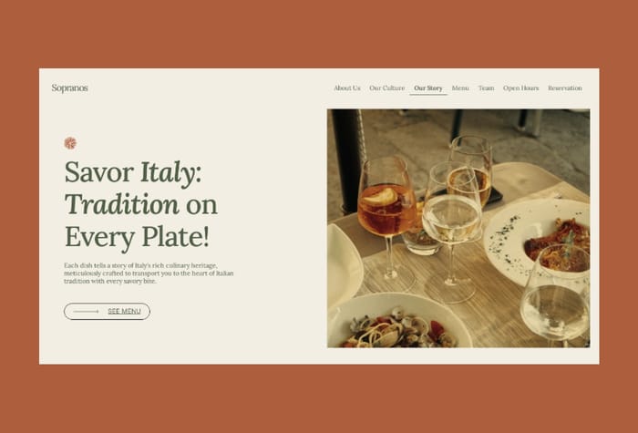 Sopranos — Restaurant Website - Sopranos: Our latest restaurant theme, embodying the allure of Italian flavors. Impress guests with rustic charm, tantalizing menu displays, and seamless reservation systems. Explore Sopranos for the perfect Italian dining experience!