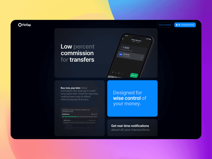 FinTap — Mobile App Landing Page - FinTap: A modern mobile app landing page template with a sleek, vibrant design — ideal for indie hackers and individual developers. Customize the interface to effectively showcase your app's key features, making a lasting impression.