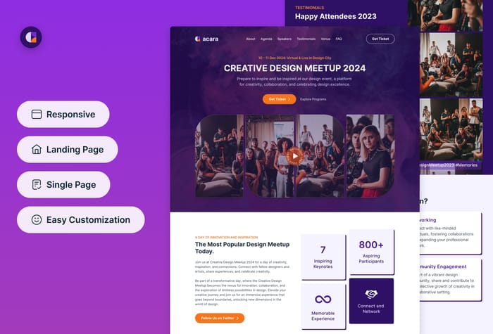 Acara — Single Page Event Template - Acara is a meticulously crafted single-page event template, seamlessly blends style and user-friendliness. Its contemporary layout puts vital event information in the spotlight, and its intuitive interface ensures easy customization.